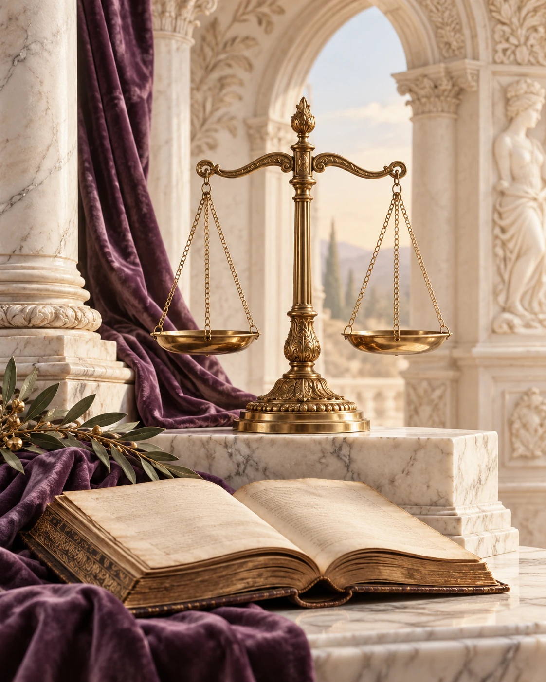 Scales of justice in a classical architectural setting